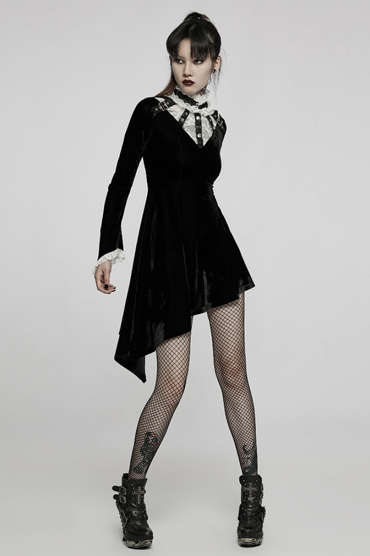 Gothic Lolita Dress - Trumpet Stitching Lace Irregular, 2 Colors, Stand Collar, Lace Trim - additional product view 12