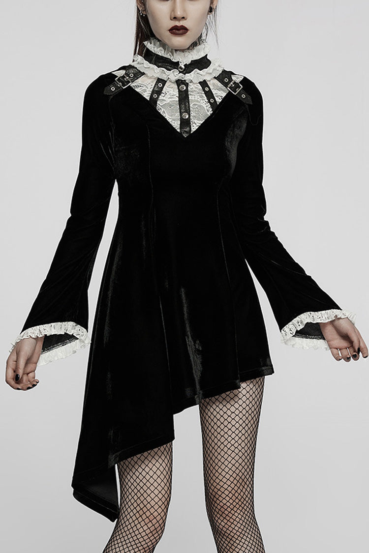 Gothic Lolita Dress - Trumpet Stitching Lace Irregular, 2 Colors, Stand Collar, Lace Trim - XS Black/White / S Black/White / M Black/White option