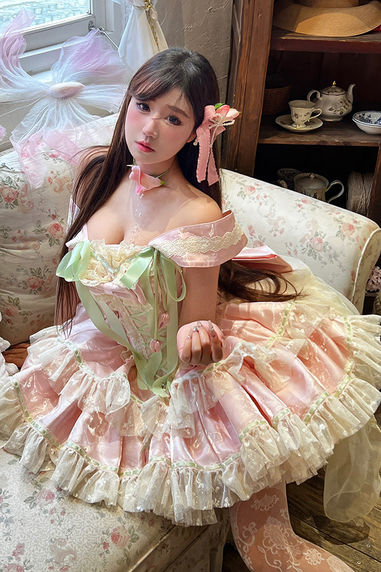 Gothic Lolita Dress - Tulip Love Song, Pink, Ruffled, Layered, Lace-Up - additional product view 13