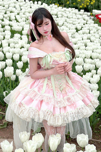 Gothic Lolita Dress - Tulip Love Song, Pink, Ruffled, Layered, Lace-Up - main product image