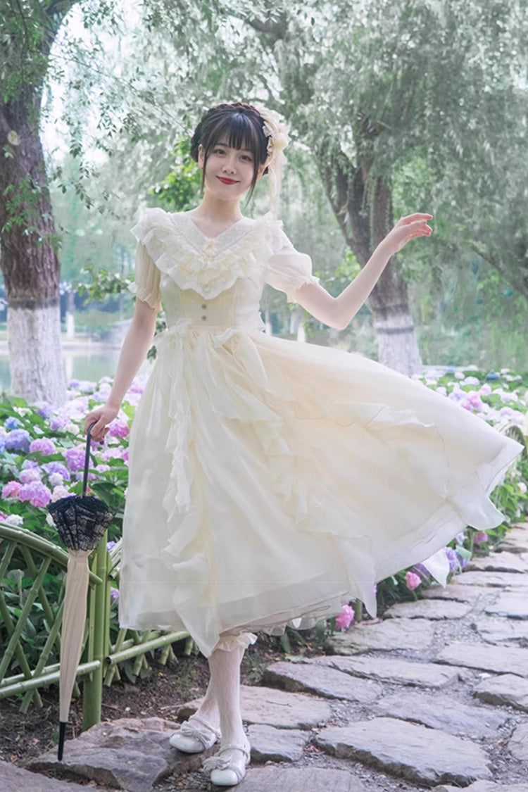 Gothic Lolita Dress - V-neck, White, Puff Sleeves, Sweet Style, Bow Detail - additional product view 2