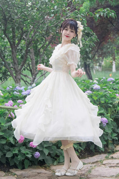Gothic Lolita Dress - V-neck, White, Puff Sleeves, Sweet Style, Bow Detail - additional product view 3