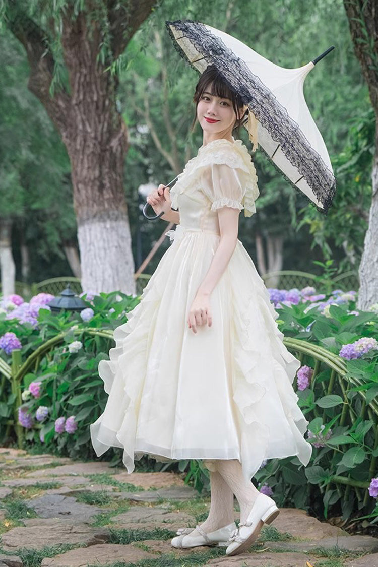 Gothic Lolita Dress - V-neck, White, Puff Sleeves, Sweet Style, Bow Detail - additional product view 4