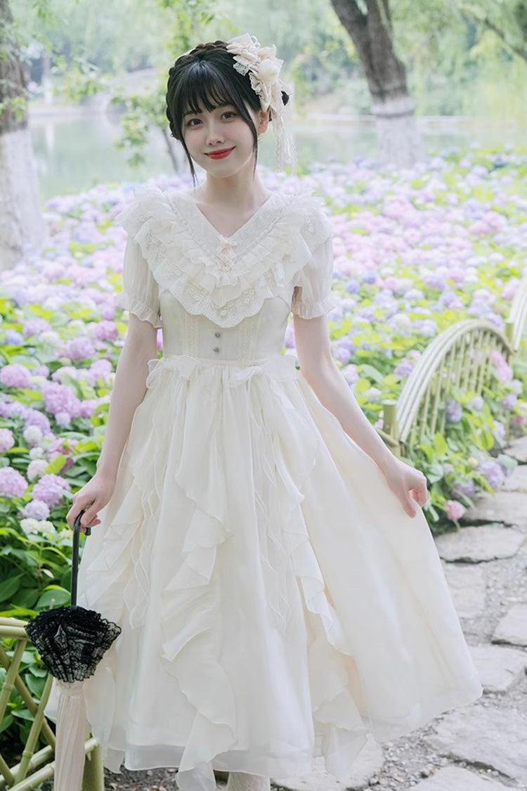 Gothic Lolita Dress - V-neck, White, Puff Sleeves, Sweet Style, Bow Detail - additional product view 5