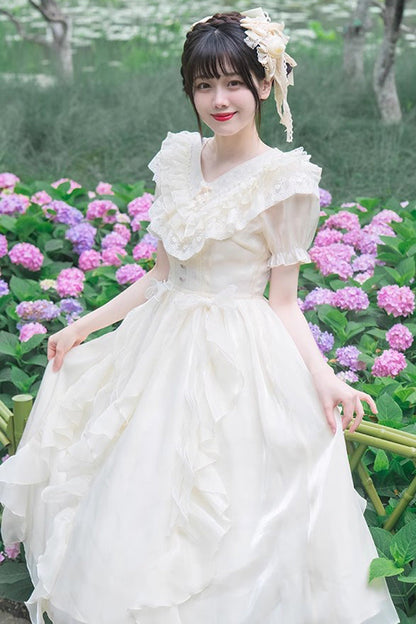 Gothic Lolita Dress - V-neck, White, Puff Sleeves, Sweet Style, Bow Detail - additional product view 6