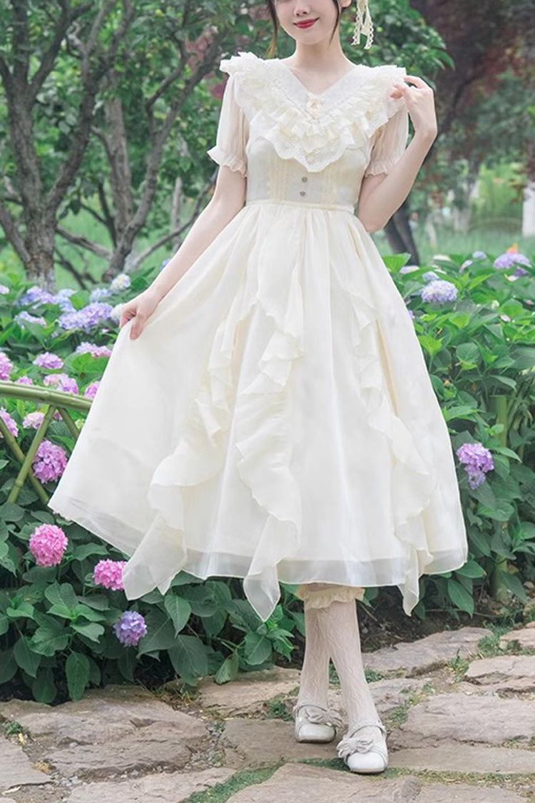 Gothic Lolita Dress - V-neck, White, Puff Sleeves, Sweet Style, Bow Detail - main product image