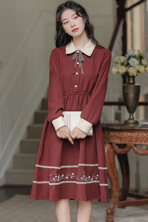 Gothic Lolita Dress - Vintage Lapel Collar, Red, High Waist, Embroidered, Long Sleeves - additional product view 2