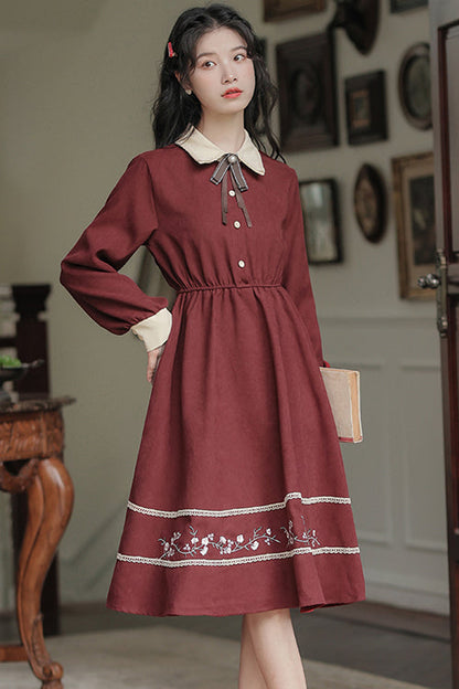 Gothic Lolita Dress - Vintage Lapel Collar, Red, High Waist, Embroidered, Long Sleeves - additional product view 3