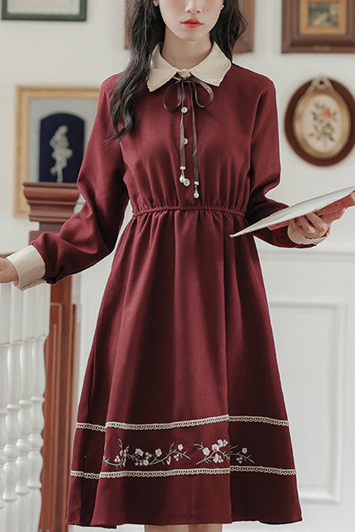 Gothic Lolita Dress - Vintage Lapel Collar, Red, High Waist, Embroidered, Long Sleeves - main product image