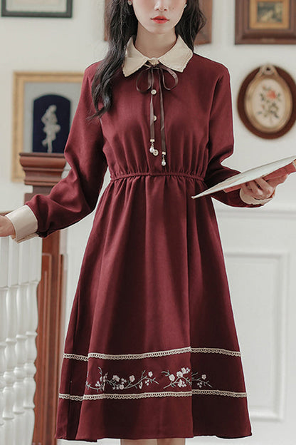 Gothic Lolita Dress - Vintage Lapel Collar, Red, High Waist, Embroidered, Long Sleeves - main product image