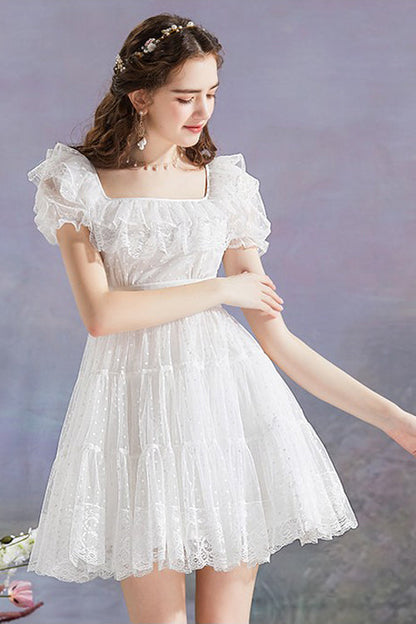 Gothic Lolita Dress - Vintage Square Collar, White, Square Collar, High Waist, Printed - additional product view 2