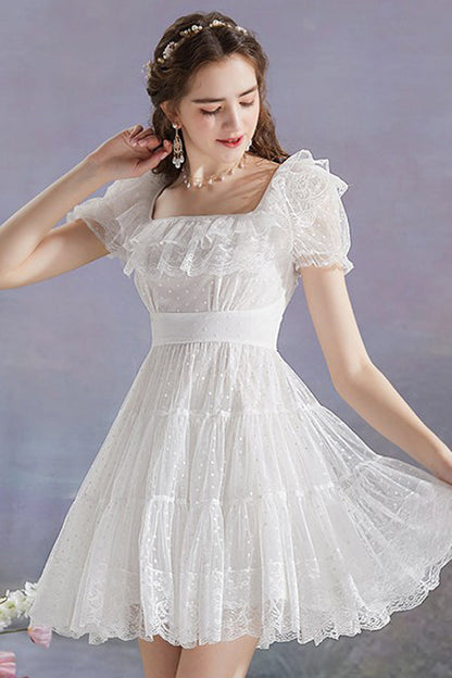 Gothic Lolita Dress - Vintage Square Collar, White, Square Collar, High Waist, Printed - additional product view 3