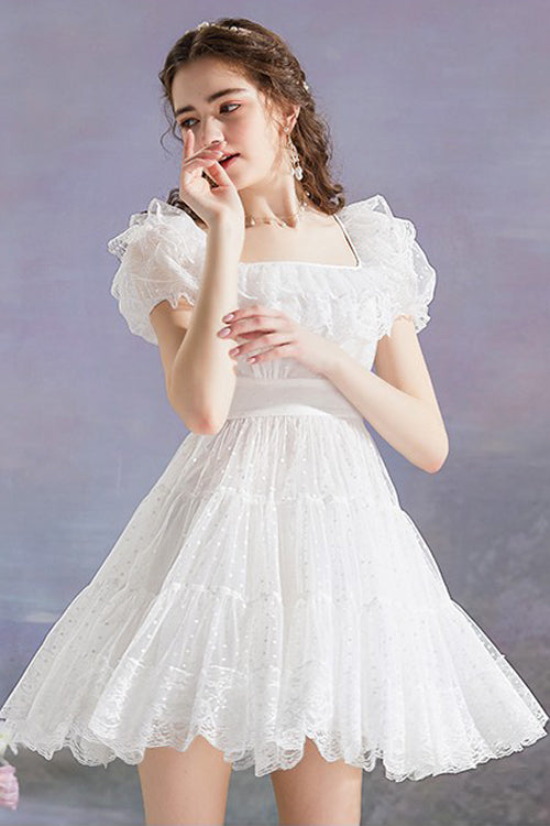 Gothic Lolita Dress - Vintage Square Collar, White, Square Collar, High Waist, Printed - additional product view 4