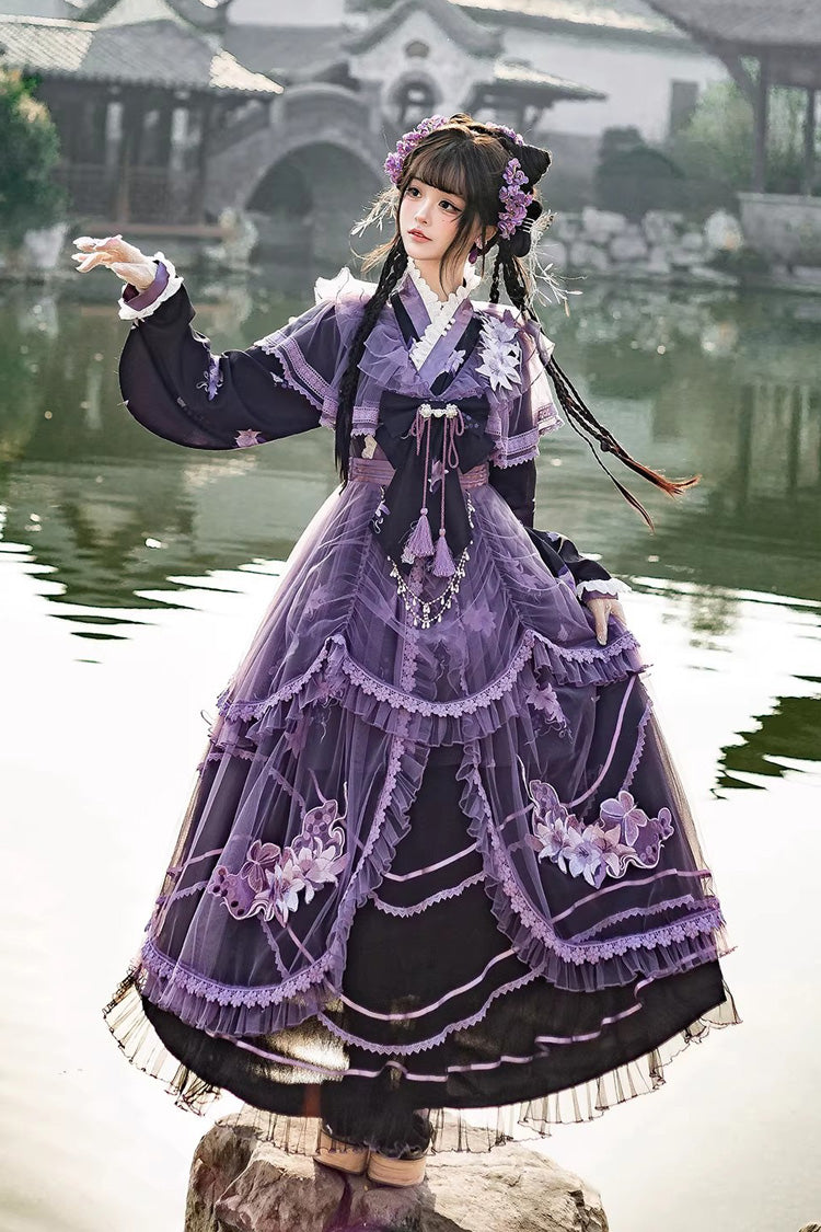 Gothic Lolita Dress - Violet Gauze Lily, Purple, Stand Collar, Ruffled, Embroidered - additional product view 2