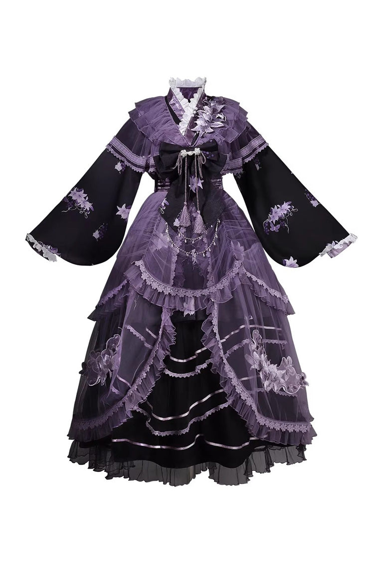 Gothic Lolita Dress - Violet Gauze Lily, Purple, Stand Collar, Ruffled, Embroidered - additional product view 3