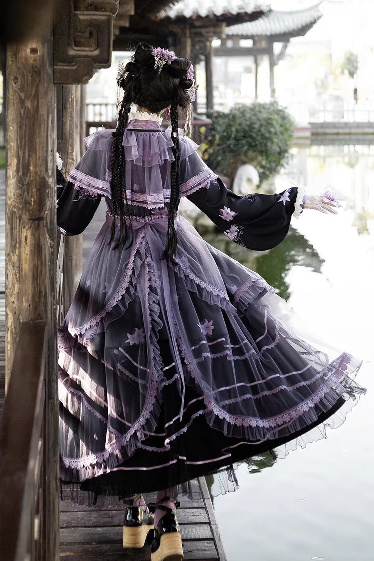Gothic Lolita Dress - Violet Gauze Lily, Purple, Stand Collar, Ruffled, Embroidered - additional product view 4