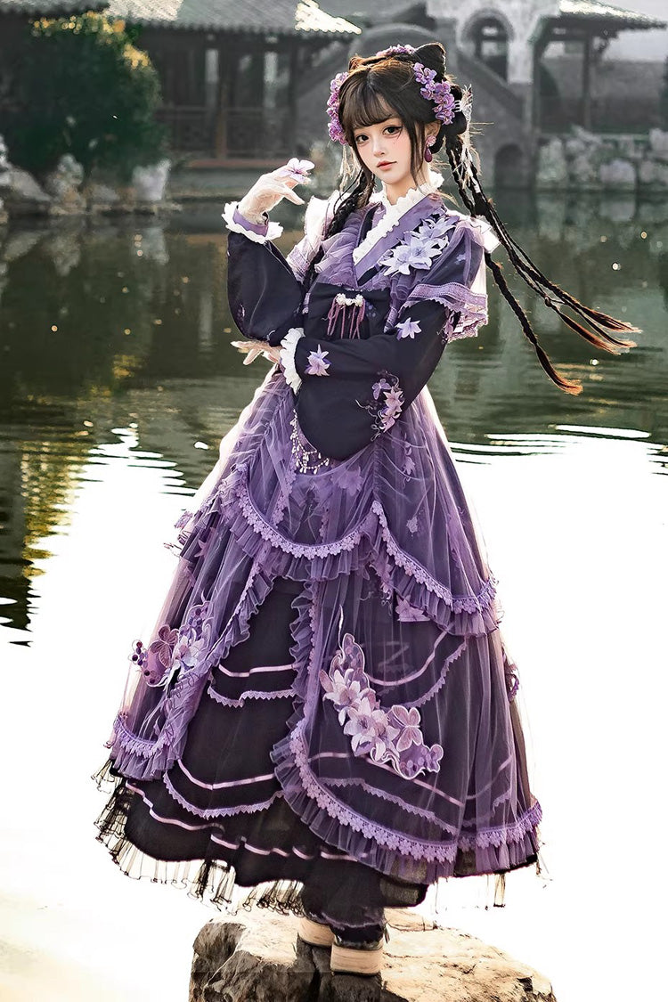 Gothic Lolita Dress - Violet Gauze Lily, Purple, Stand Collar, Ruffled, Embroidered - additional product view 5