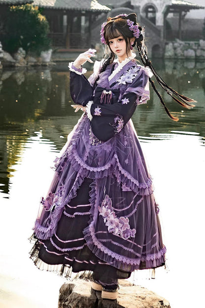 Gothic Lolita Dress - Violet Gauze Lily, Purple, Stand Collar, Ruffled, Embroidered - additional product view 5
