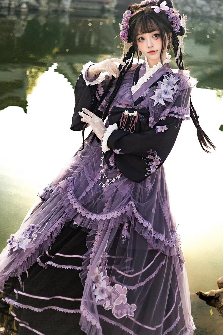 Gothic Lolita Dress - Violet Gauze Lily, Purple, Stand Collar, Ruffled, Embroidered - additional product view 6