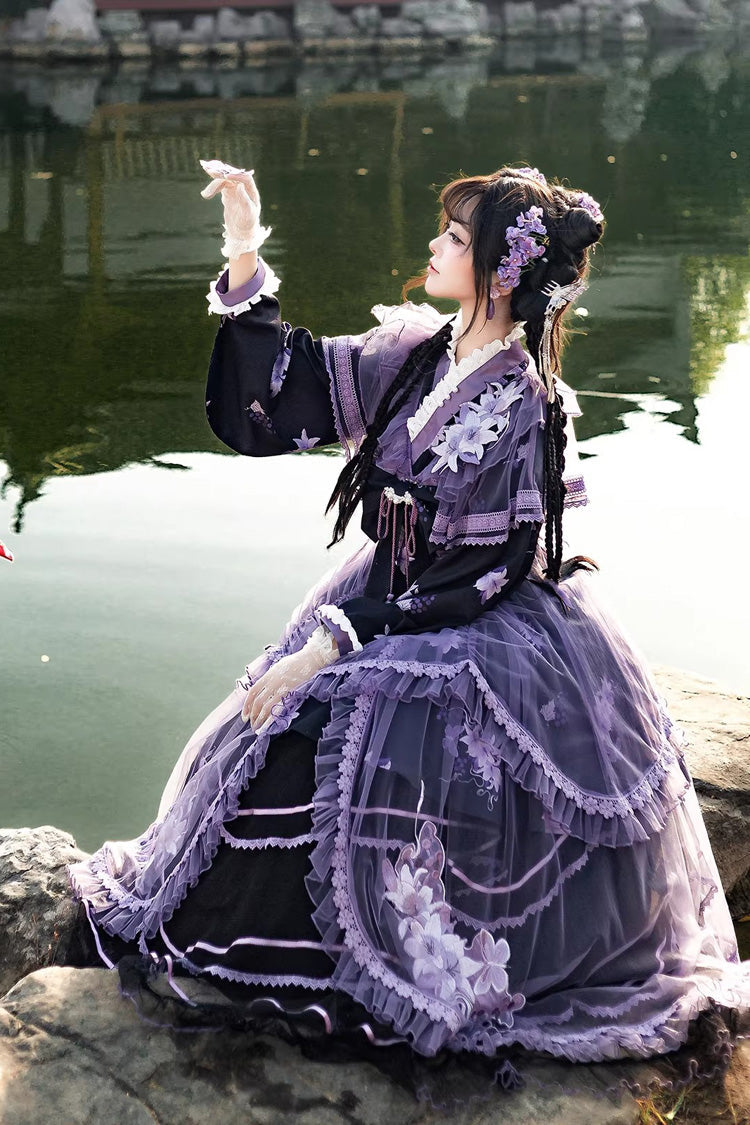 Gothic Lolita Dress - Violet Gauze Lily, Purple, Stand Collar, Ruffled, Embroidered - additional product view 7