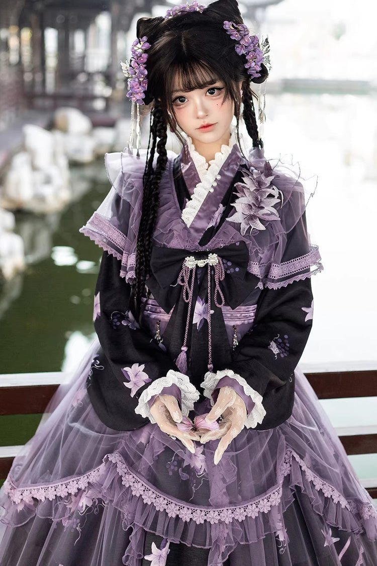 Gothic Lolita Dress - Violet Gauze Lily, Purple, Stand Collar, Ruffled, Embroidered - additional product view 8