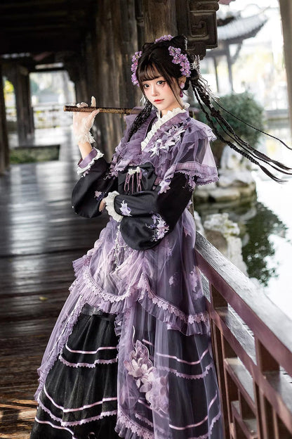 Gothic Lolita Dress - Violet Gauze Lily, Purple, Stand Collar, Ruffled, Embroidered - additional product view 9