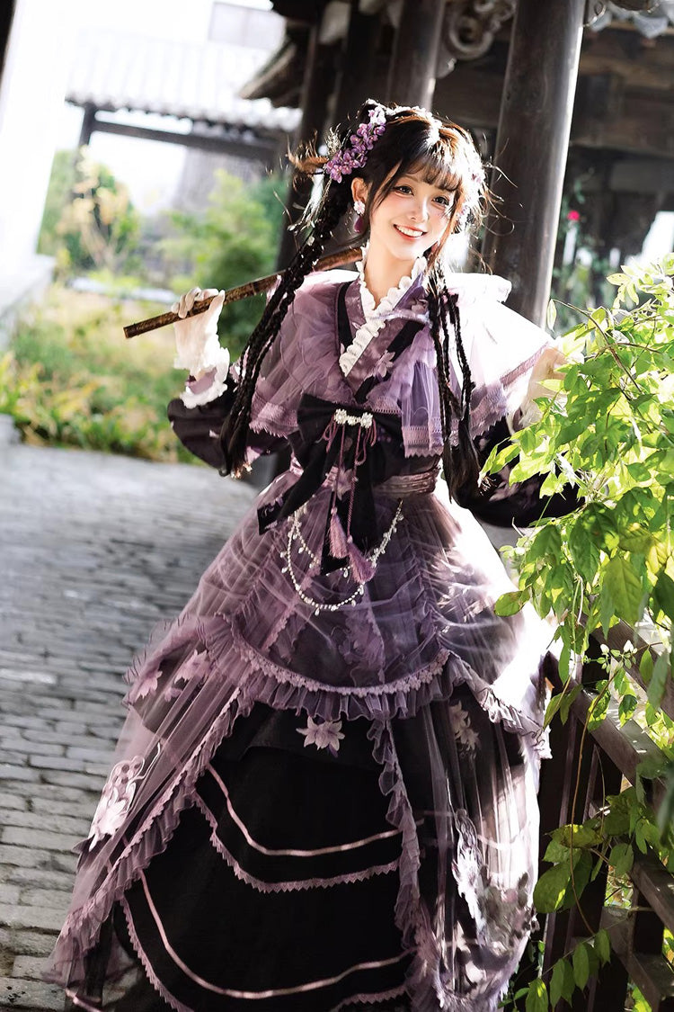 Gothic Lolita Dress - Violet Gauze Lily, Purple, Stand Collar, Ruffled, Embroidered - additional product view 10