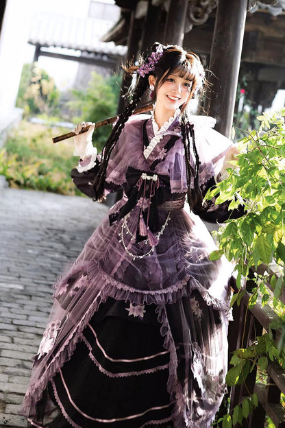 Gothic Lolita Dress - Violet Gauze Lily, Purple, Stand Collar, Ruffled, Embroidered - additional product view 10