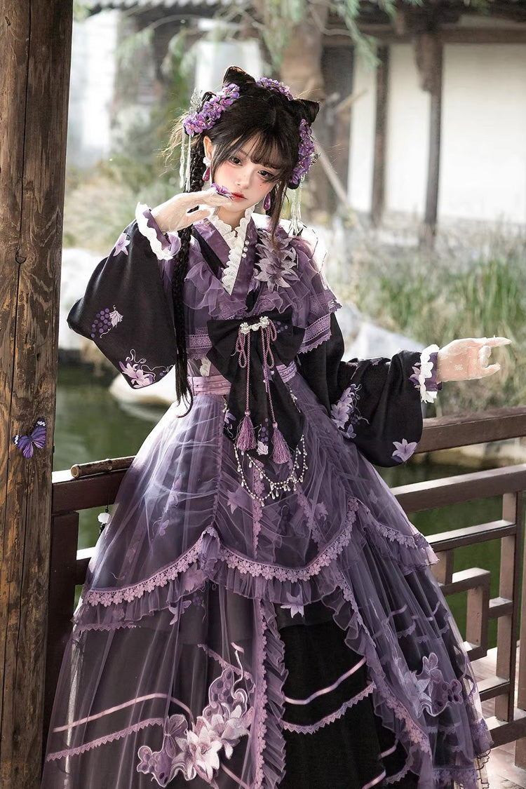 Gothic Lolita Dress - Violet Gauze Lily, Purple, Stand Collar, Ruffled, Embroidered - main product image
