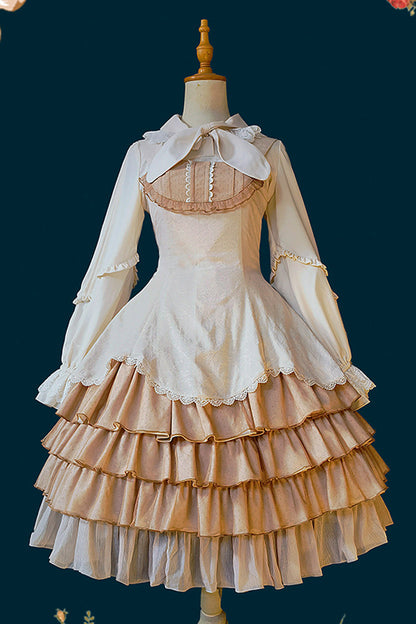 Gothic Lolita Dress - Waltz, 2 Colors, Lace Trim, Ruffled, Layered - S Apricot / M Apricot / L Apricot option