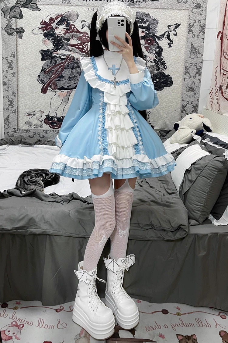 Gothic Lolita Dress - White/blue, 2 Colors, Cross Detail, Long Sleeves, Sweet Style - additional product view 3