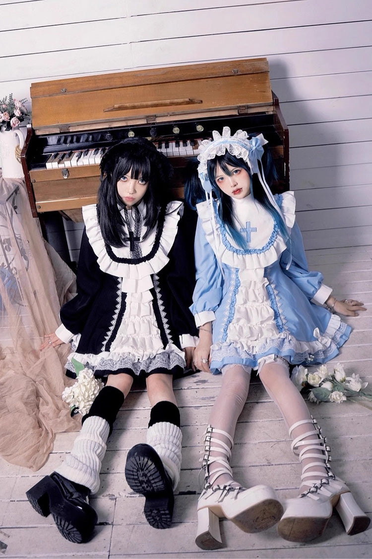Gothic Lolita Dress - White/blue, 2 Colors, Cross Detail, Long Sleeves, Sweet Style - additional product view 5