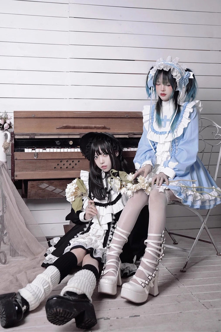 Gothic Lolita Dress - White/blue, 2 Colors, Cross Detail, Long Sleeves, Sweet Style - additional product view 6