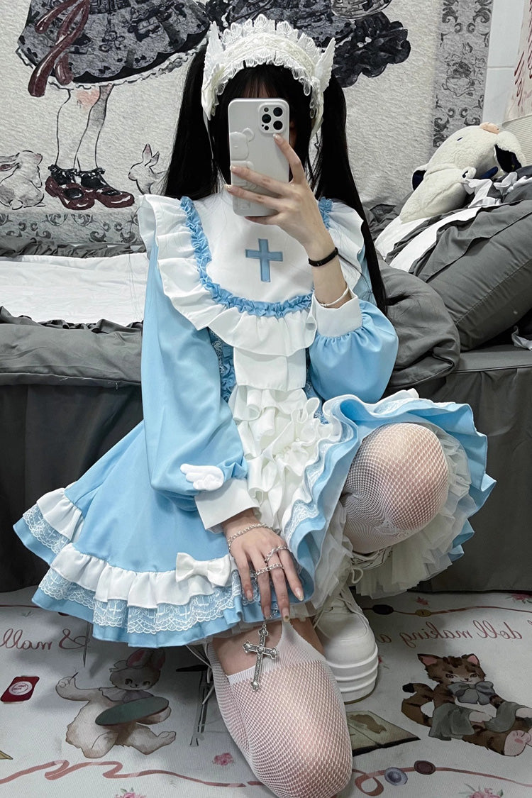 Gothic Lolita Dress - White/blue, 2 Colors, Cross Detail, Long Sleeves, Sweet Style - additional product view 8