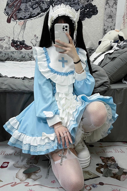 Gothic Lolita Dress - White/blue, 2 Colors, Cross Detail, Long Sleeves, Sweet Style - additional product view 8