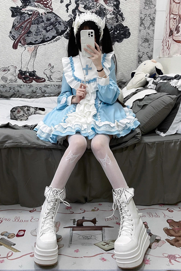Gothic Lolita Dress - White/blue, 2 Colors, Cross Detail, Long Sleeves, Sweet Style - additional product view 9