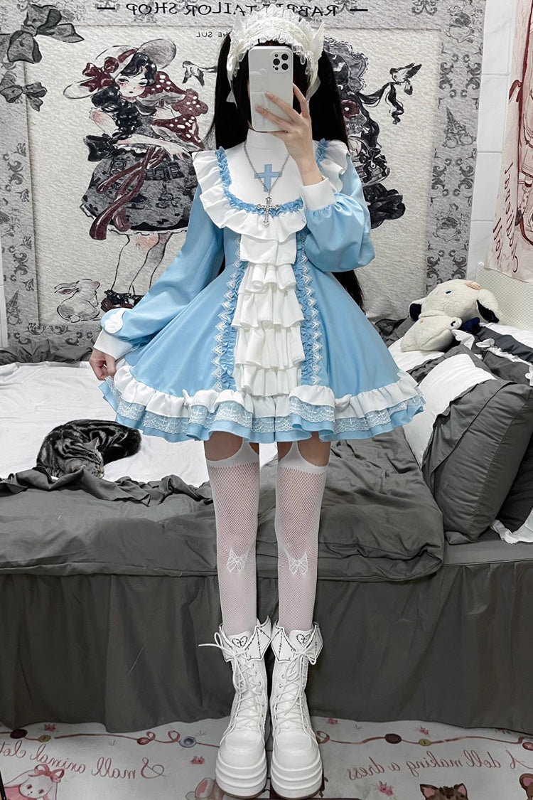 Gothic Lolita Dress - White/blue, 2 Colors, Cross Detail, Long Sleeves, Sweet Style - main product image