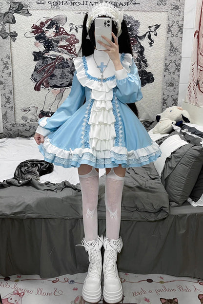 Gothic Lolita Dress - White/blue, 2 Colors, Cross Detail, Long Sleeves, Sweet Style - main product image