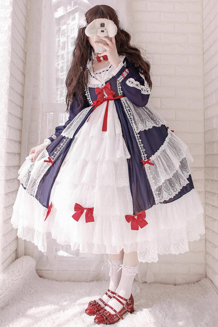 Gothic Lolita Dress - White/blue, 2 Colors, Long Sleeves, Sweet Style, Bow Detail - additional product view 2