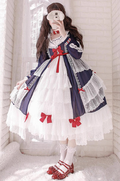 Gothic Lolita Dress - White/blue, 2 Colors, Long Sleeves, Sweet Style, Bow Detail - additional product view 2