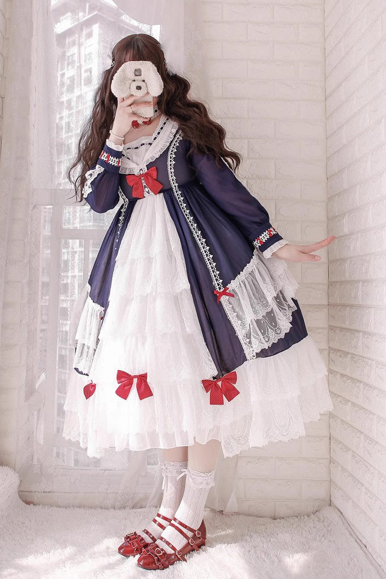 Gothic Lolita Dress - White/blue, 2 Colors, Long Sleeves, Sweet Style, Bow Detail - additional product view 3