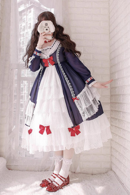 Gothic Lolita Dress - White/blue, 2 Colors, Long Sleeves, Sweet Style, Bow Detail - additional product view 3