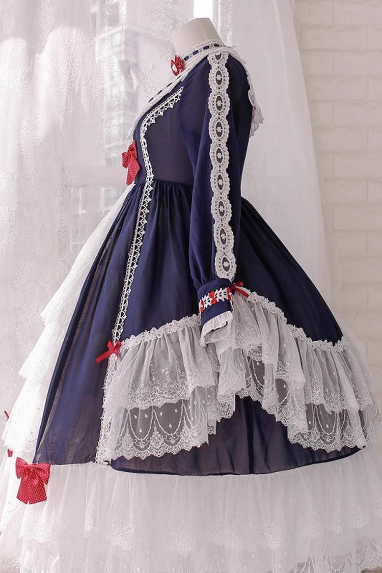 Gothic Lolita Dress - White/blue, 2 Colors, Long Sleeves, Sweet Style, Bow Detail - additional product view 4