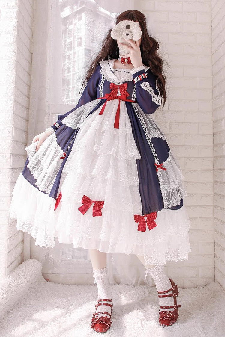 Gothic Lolita Dress - White/blue, 2 Colors, Long Sleeves, Sweet Style, Bow Detail - main product image