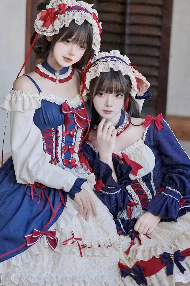 Gothic Lolita Dress - White/blue Snow White Love Song, 2 Colors, Ruffled, Long Sleeves - additional product view 6