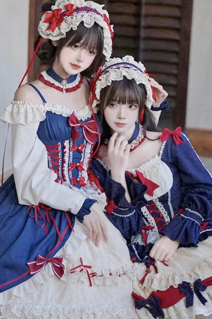 Gothic Lolita Dress - White/blue Snow White Love Song, 2 Colors, Ruffled, Long Sleeves - additional product view 6