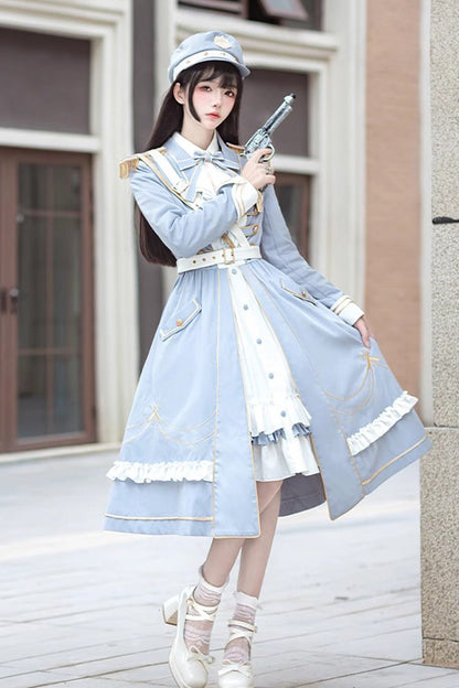 Gothic Lolita Dress - White/blue Star Ocean Fantasy, 2 Colors, Bow Detail, Long Sleeves - additional product view 2