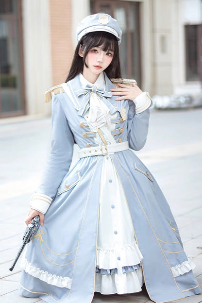 Gothic Lolita Dress - White/blue Star Ocean Fantasy, 2 Colors, Bow Detail, Long Sleeves - additional product view 3