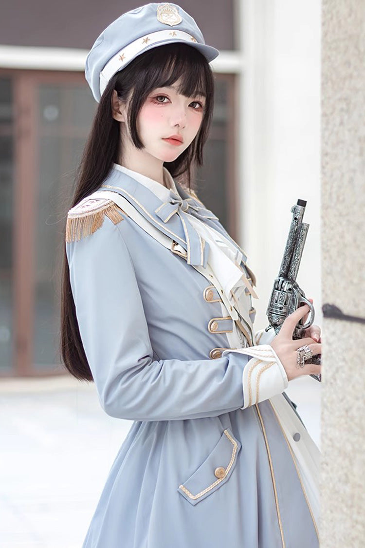 Gothic Lolita Dress - White/blue Star Ocean Fantasy, 2 Colors, Bow Detail, Long Sleeves - additional product view 4