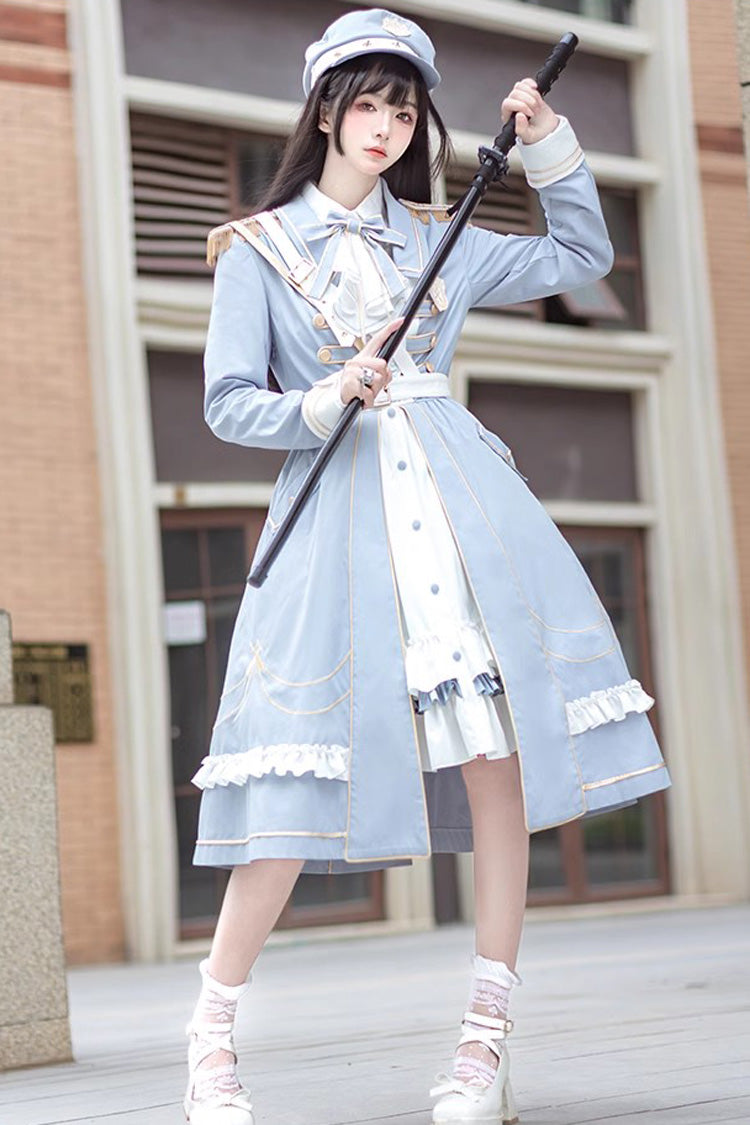 Gothic Lolita Dress - White/blue Star Ocean Fantasy, 2 Colors, Bow Detail, Long Sleeves - main product image